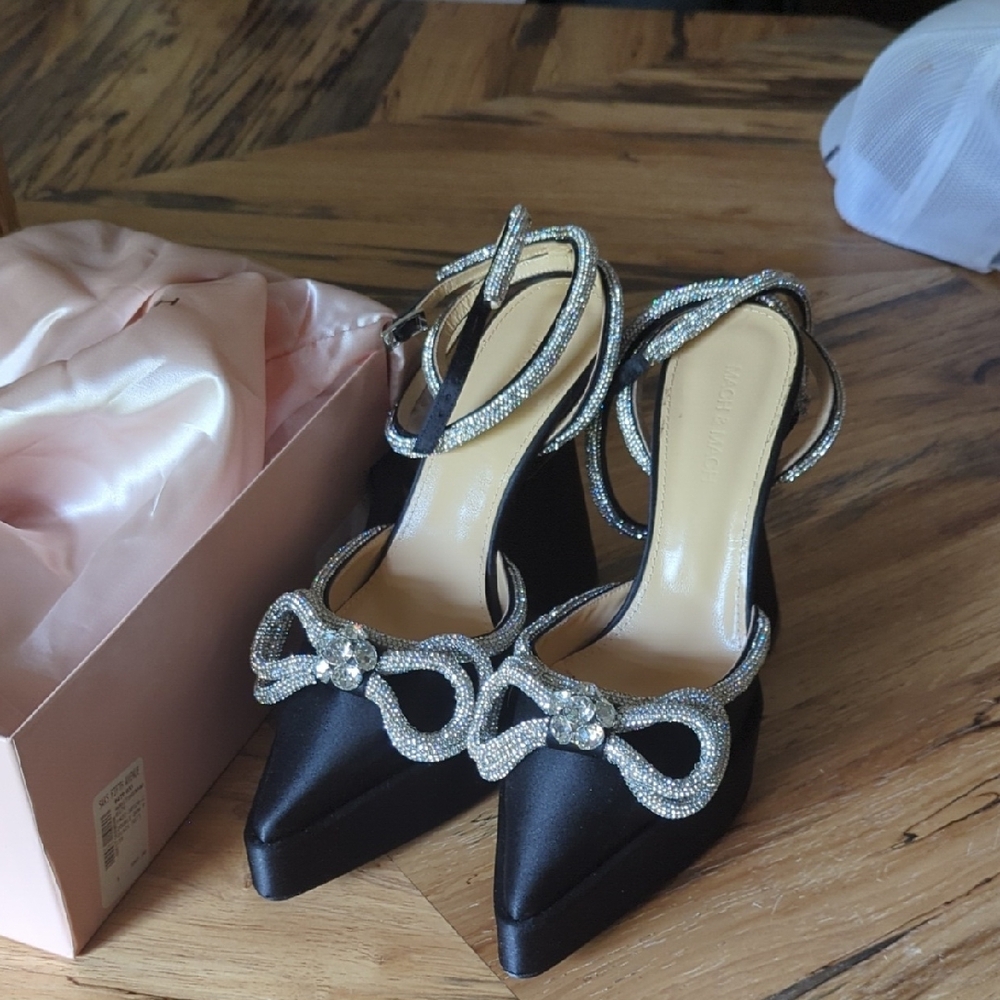 MACH & MACH Black and Silver Slingback Heels with Bow Detail